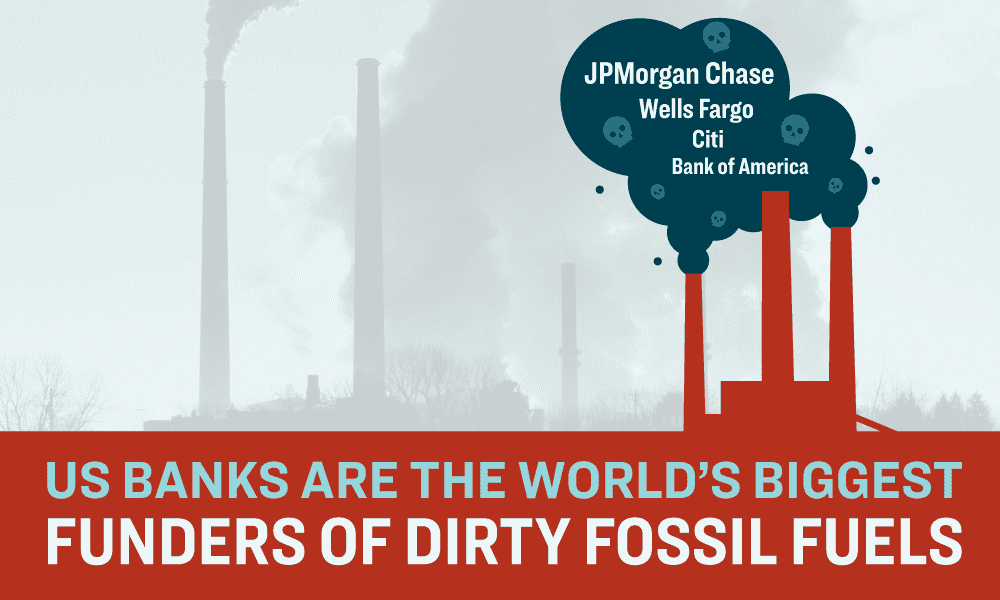 US Banks are the world’s biggest funders of dirty fossil fuels; a red silhouette of a factory emits a cloud of smoke with the names of US Banks JP Morgan Chase, Wells Fargo, Citi, and Bank of America