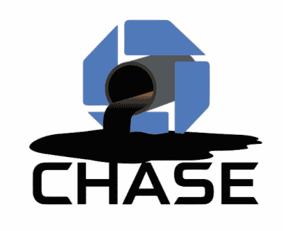 An oil pipeline spills through a Chase logo onto the word Chase